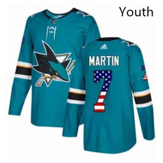 Youth Adidas San Jose Sharks 7 Paul Martin Authentic Teal Green USA Flag Fashion NHL Jersey